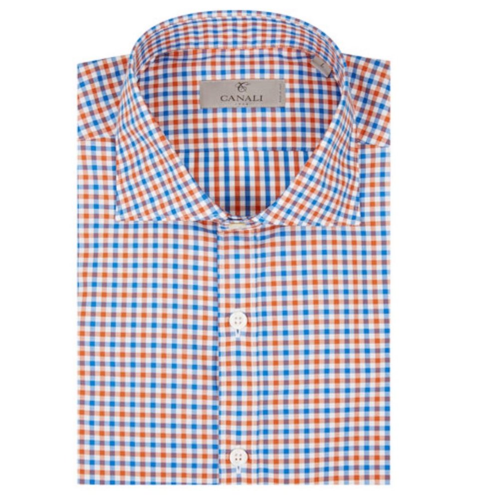 Canali Orange and Blue Gingham Long Sleeve Button Down Cotton Shirt EUC